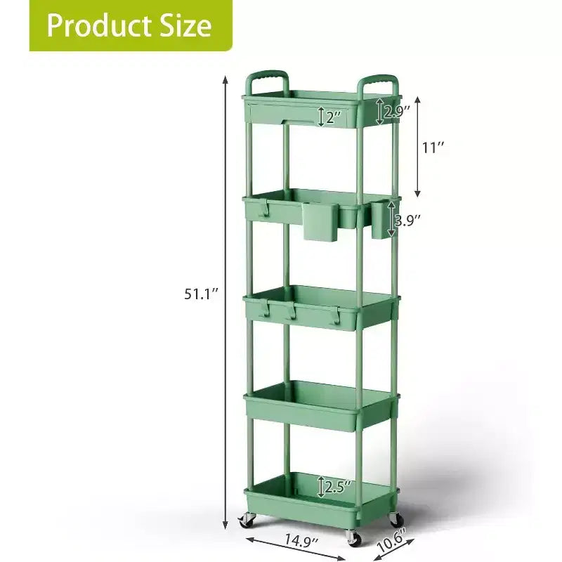 5 Tier Rolling Utility Cart with Drawer, Plastic Storage Organizer Cart with Wheels, Lockable Caster for Kitchen, Bathroom, Office, Bedroom