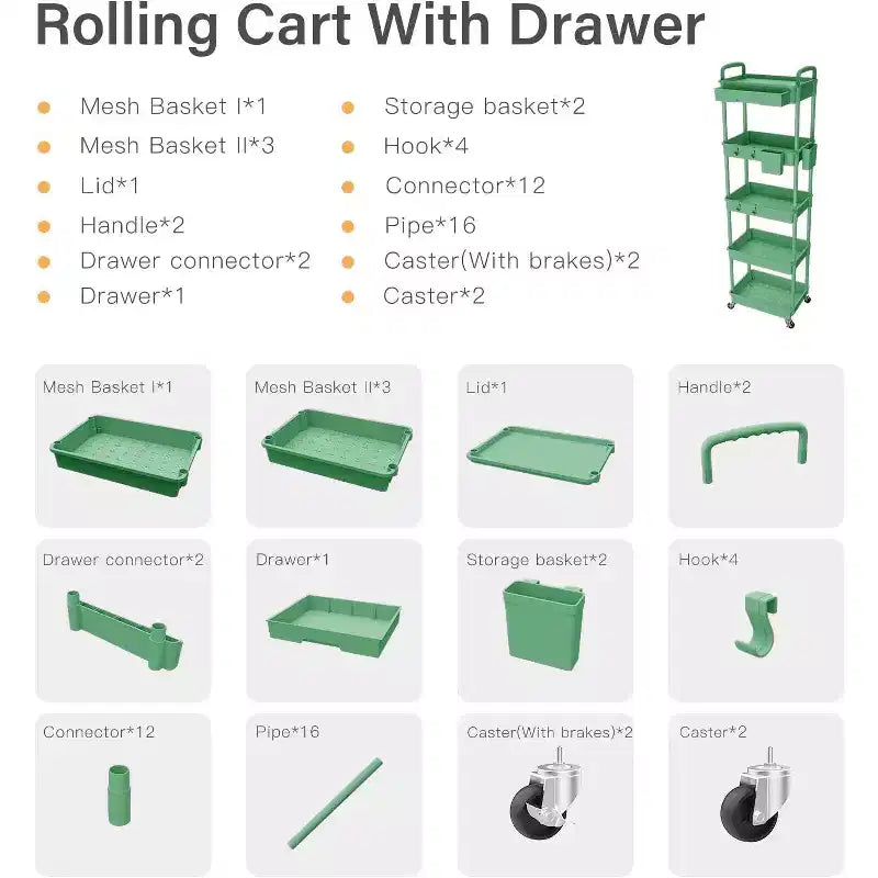 5 Tier Rolling Utility Cart with Drawer, Plastic Storage Organizer Cart with Wheels, Lockable Caster for Kitchen, Bathroom, Office, Bedroom