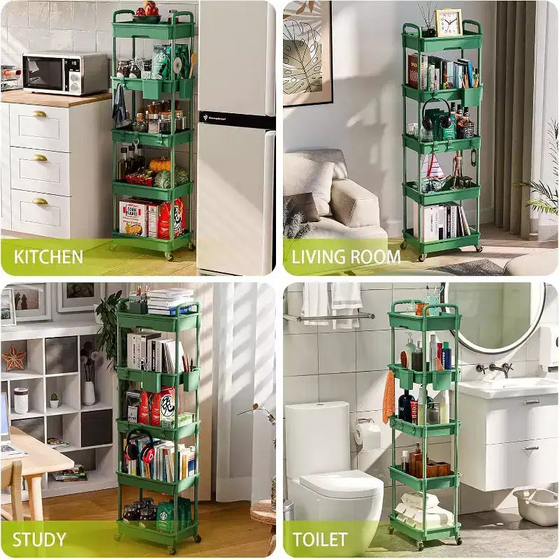 5 Tier Rolling Utility Cart with Drawer, Plastic Storage Organizer Cart with Wheels, Lockable Caster for Kitchen, Bathroom, Office, Bedroom