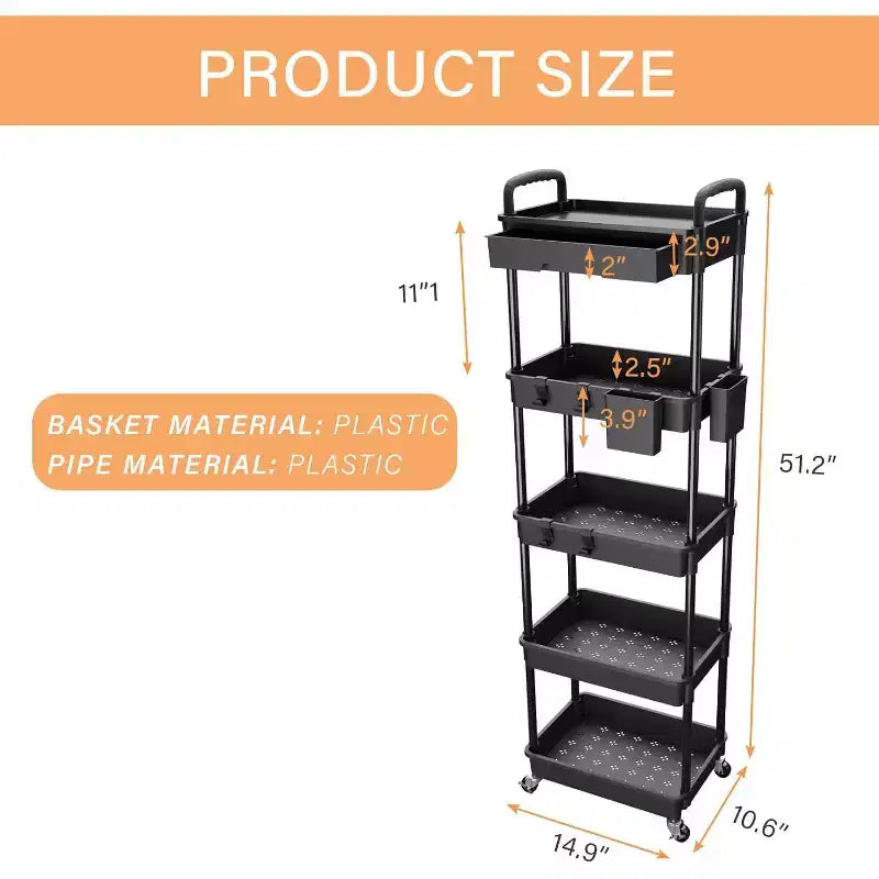 5 Tier Rolling Utility Cart with Drawer, Plastic Storage Organizer Cart with Wheels, Lockable Caster for Kitchen, Bathroom, Office, Bedroom