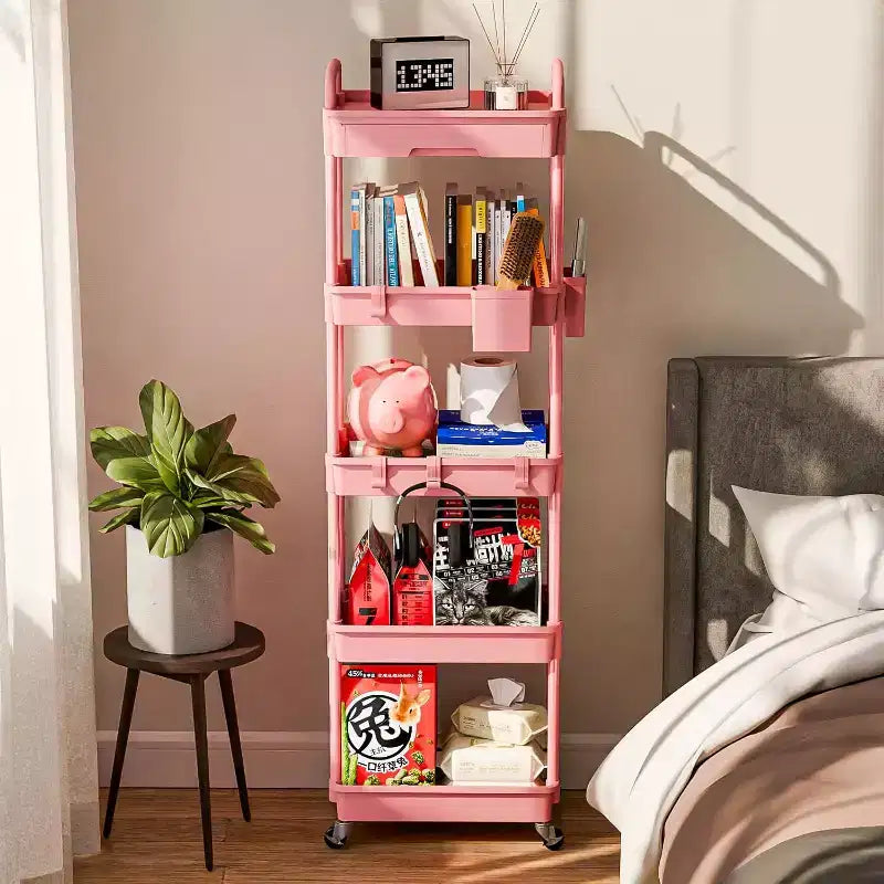 5 Tier Rolling Utility Cart with Drawer, Plastic Storage Organizer Cart with Wheels, Lockable Caster for Kitchen, Bathroom, Office, Bedroom