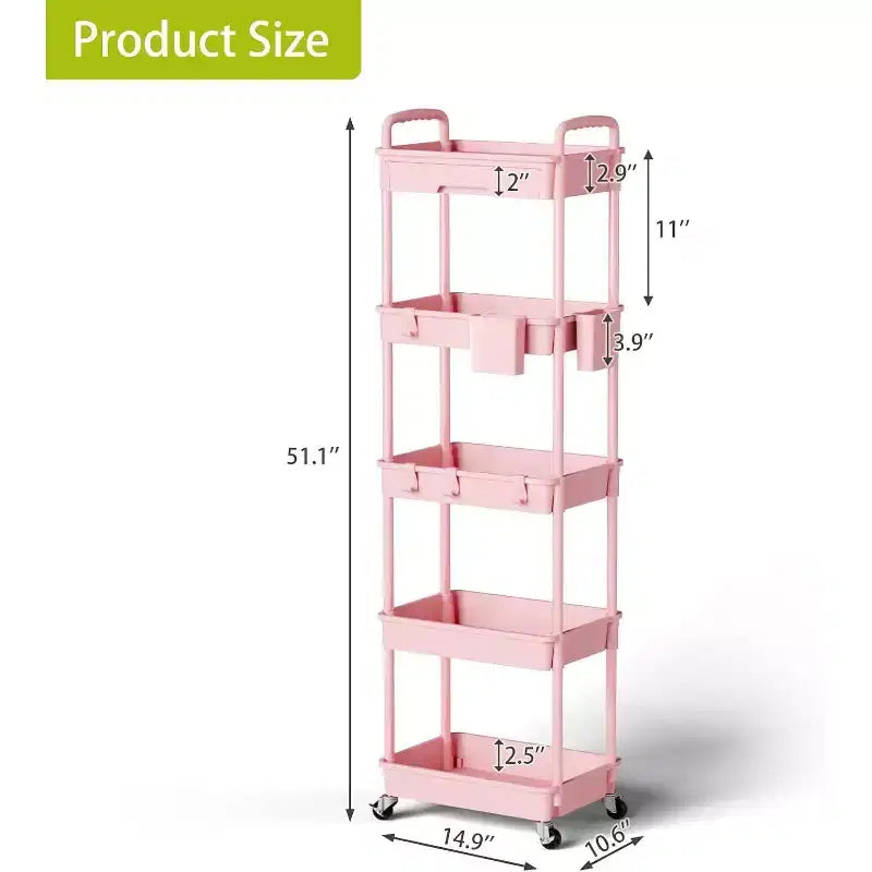 5 Tier Rolling Utility Cart with Drawer, Plastic Storage Organizer Cart with Wheels, Lockable Caster for Kitchen, Bathroom, Office, Bedroom