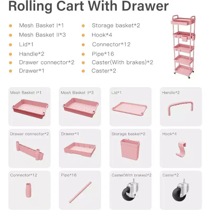 5 Tier Rolling Utility Cart with Drawer, Plastic Storage Organizer Cart with Wheels, Lockable Caster for Kitchen, Bathroom, Office, Bedroom