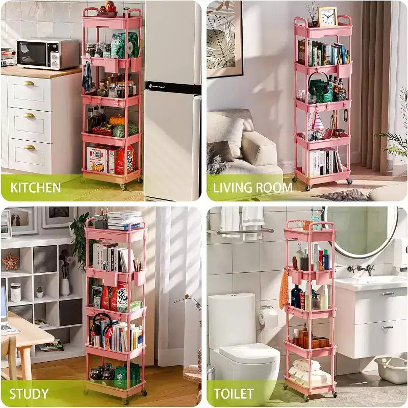 5 Tier Rolling Utility Cart with Drawer, Plastic Storage Organizer Cart with Wheels, Lockable Caster for Kitchen, Bathroom, Office, Bedroom