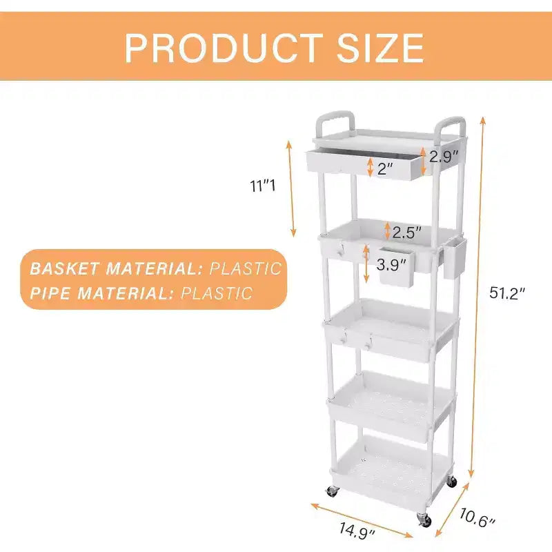 5 Tier Rolling Utility Cart with Drawer, Plastic Storage Organizer Cart with Wheels, Lockable Caster for Kitchen, Bathroom, Office, Bedroom