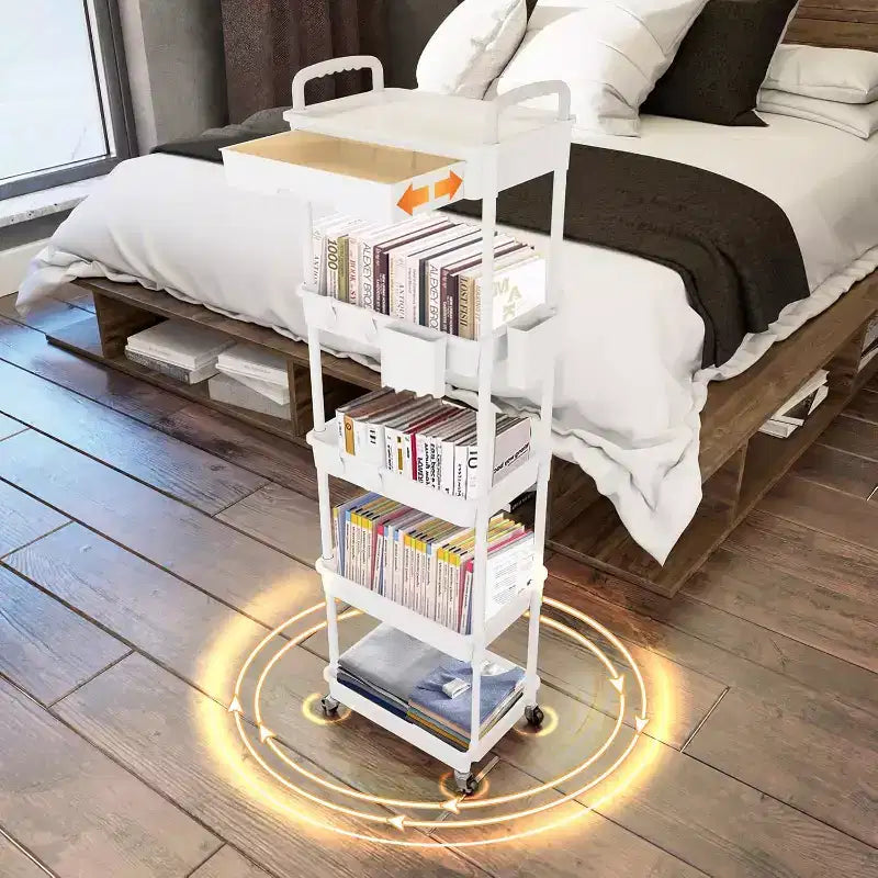 5 Tier Rolling Utility Cart with Drawer, Plastic Storage Organizer Cart with Wheels, Lockable Caster for Kitchen, Bathroom, Office, Bedroom
