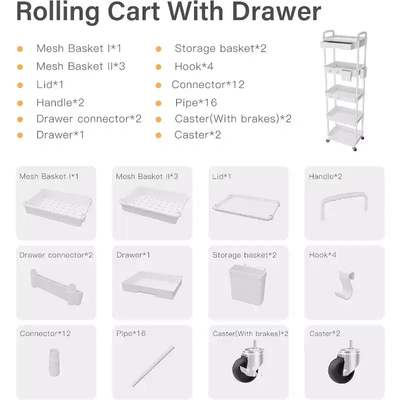 5 Tier Rolling Utility Cart with Drawer, Plastic Storage Organizer Cart with Wheels, Lockable Caster for Kitchen, Bathroom, Office, Bedroom