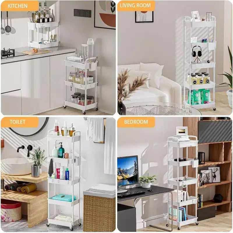 5 Tier Rolling Utility Cart with Drawer, Plastic Storage Organizer Cart with Wheels, Lockable Caster for Kitchen, Bathroom, Office, Bedroom