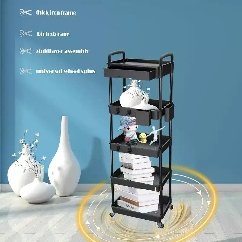 5 Tier Rolling Utility Cart with Drawer, Plastic Storage Organizer Cart with Wheels, Lockable Caster for Kitchen, Bathroom, Office, Bedroom