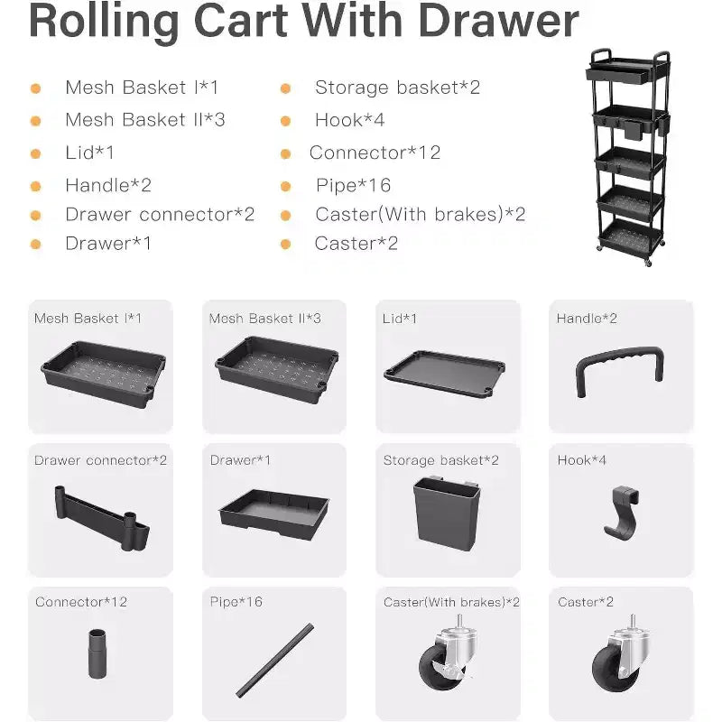 5 Tier Rolling Utility Cart with Drawer, Plastic Storage Organizer Cart with Wheels, Lockable Caster for Kitchen, Bathroom, Office, Bedroom