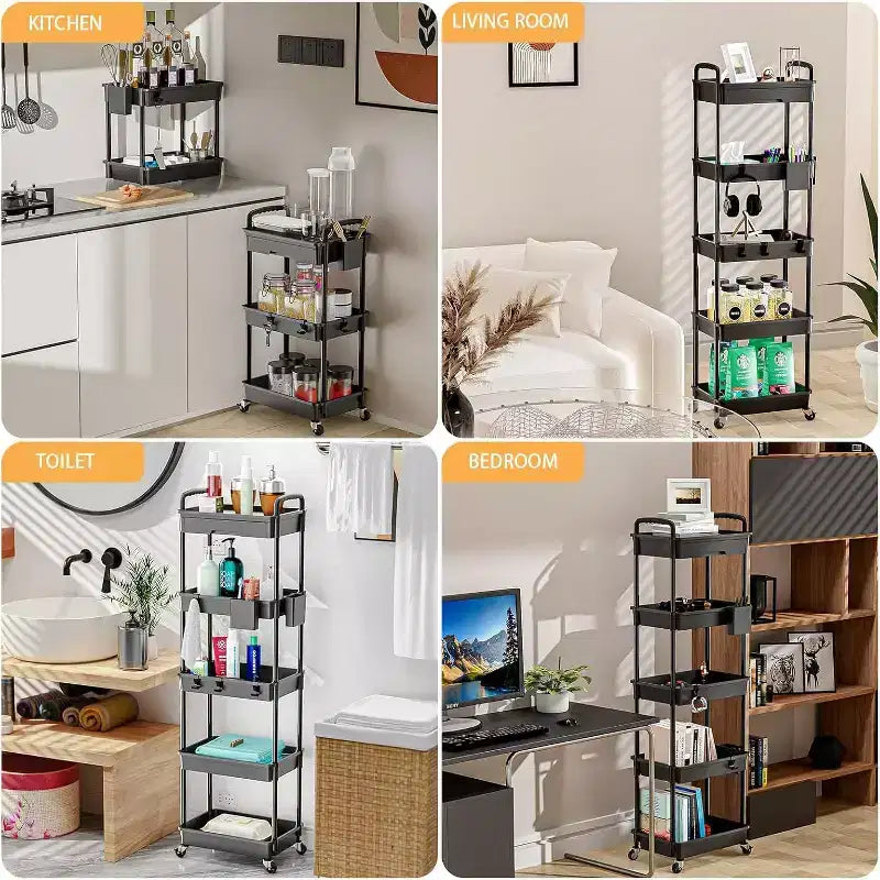 5 Tier Rolling Utility Cart with Drawer, Plastic Storage Organizer Cart with Wheels, Lockable Caster for Kitchen, Bathroom, Office, Bedroom