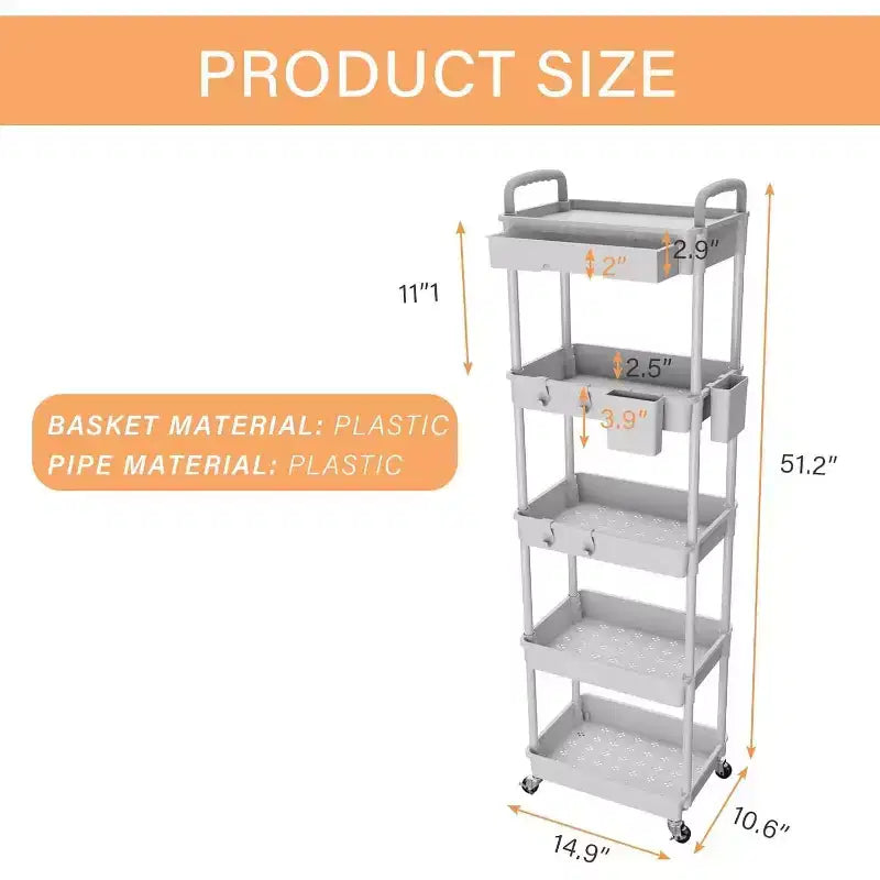 5 Tier Rolling Utility Cart with Drawer, Plastic Storage Organizer Cart with Wheels, Lockable Caster for Kitchen, Bathroom, Office, Bedroom