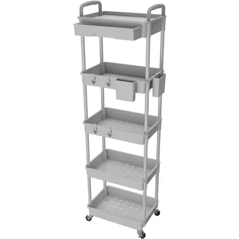 5 Tier Rolling Utility Cart with Drawer, Plastic Storage Organizer Cart with Wheels, Lockable Caster for Kitchen, Bathroom, Office, Bedroom