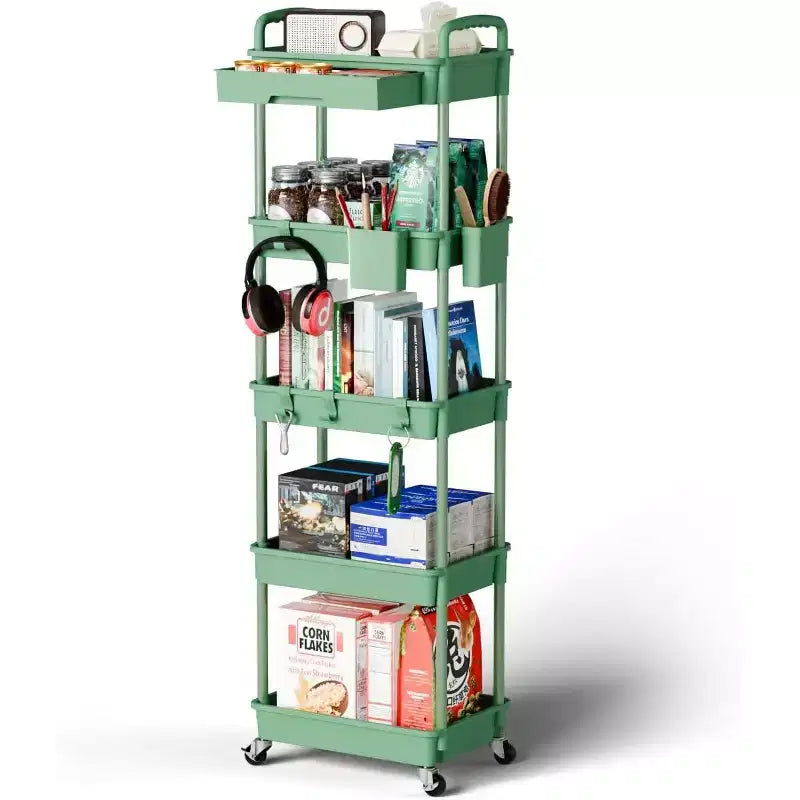 5 Tier Rolling Utility Cart with Drawer, Plastic Storage Organizer Cart with Wheels, Lockable Caster for Kitchen, Bathroom, Office, Bedroom