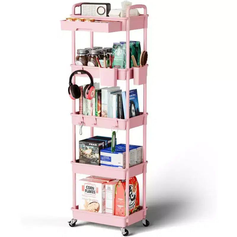 5 Tier Rolling Utility Cart with Drawer, Plastic Storage Organizer Cart with Wheels, Lockable Caster for Kitchen, Bathroom, Office, Bedroom