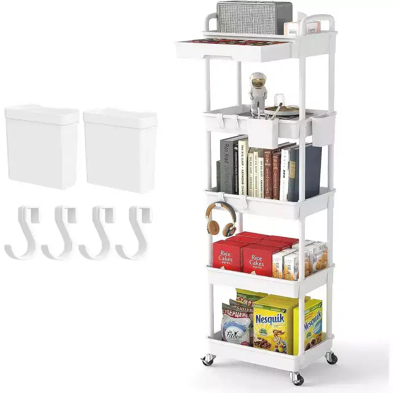 5 Tier Rolling Utility Cart with Drawer, Plastic Storage Organizer Cart with Wheels, Lockable Caster for Kitchen, Bathroom, Office, Bedroom