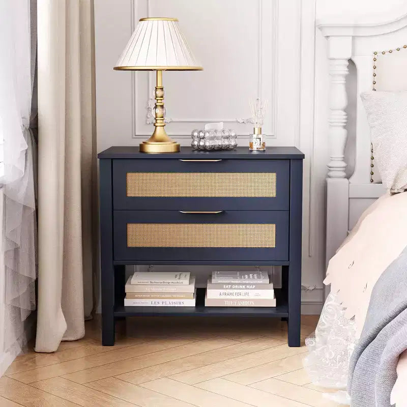Rattan 2 Drawer Nightstand for Bedroom Living Room