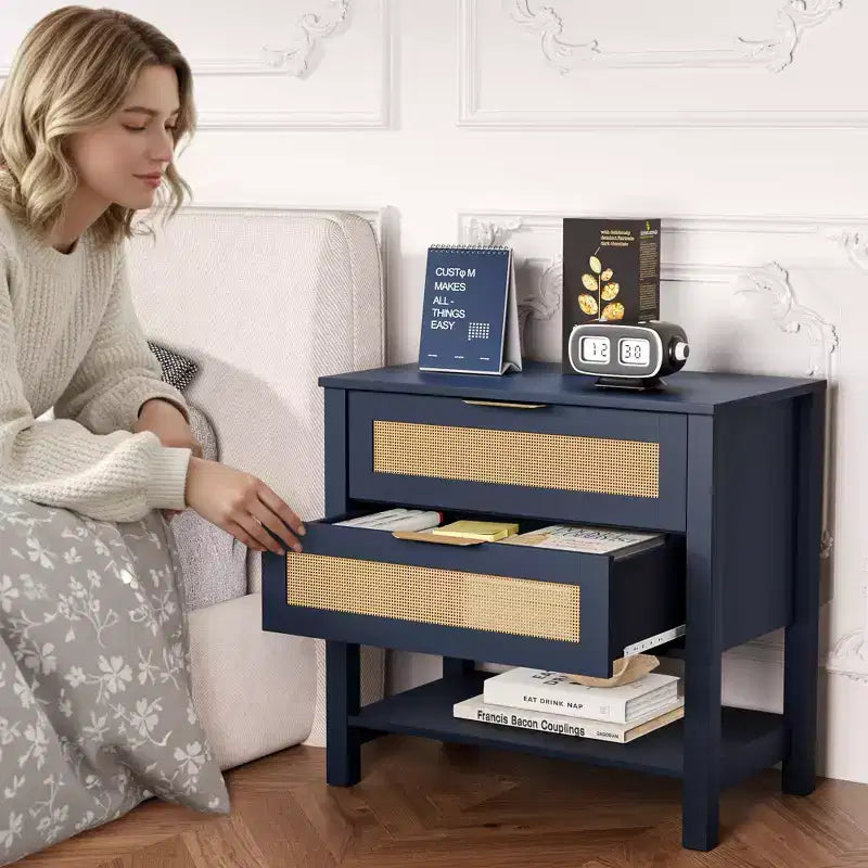 Rattan 2 Drawer Nightstand for Bedroom Living Room