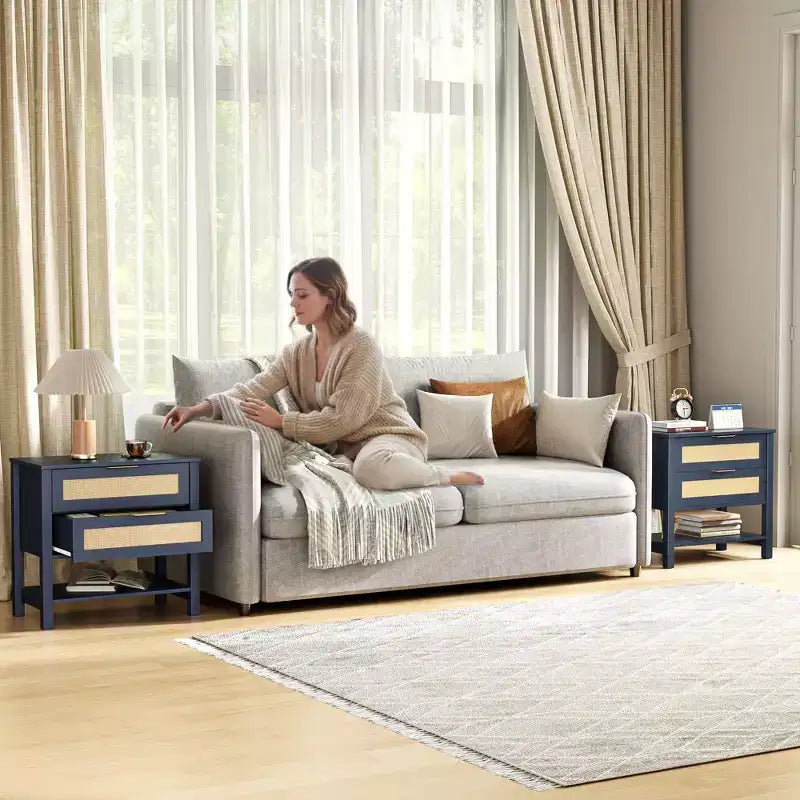 Rattan 2 Drawer Nightstand for Bedroom Living Room