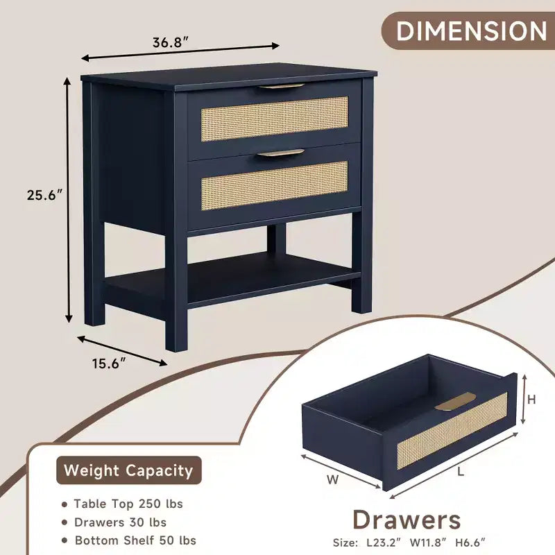 Rattan 2 Drawer Nightstand for Bedroom Living Room