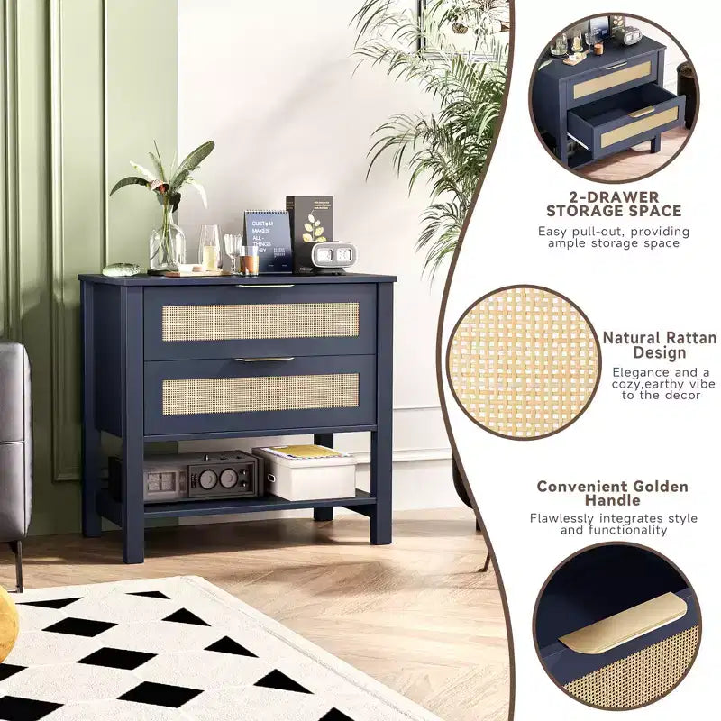 Rattan 2 Drawer Nightstand for Bedroom Living Room