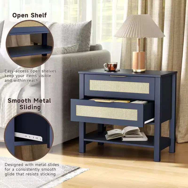 Rattan 2 Drawer Nightstand for Bedroom Living Room