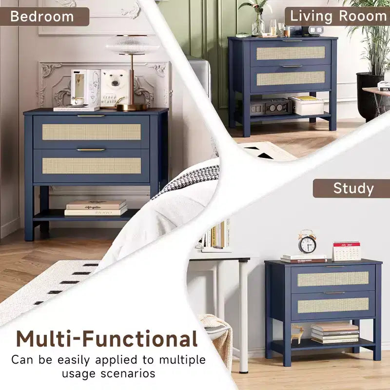 Rattan 2 Drawer Nightstand for Bedroom Living Room