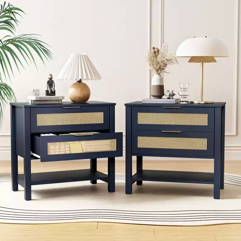Rattan 2 Drawer Nightstand for Bedroom Living Room