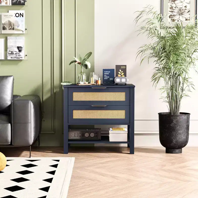 Rattan 2 Drawer Nightstand for Bedroom Living Room