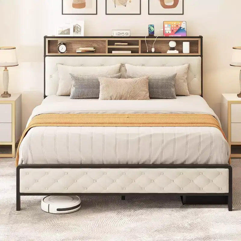 Roger Modern Platform Bed Frame with Upholstered Storage Headboard and Footboard