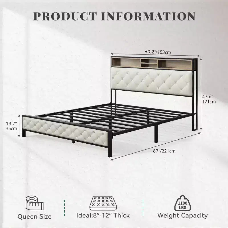 Roger Modern Platform Bed Frame with Upholstered Storage Headboard and Footboard