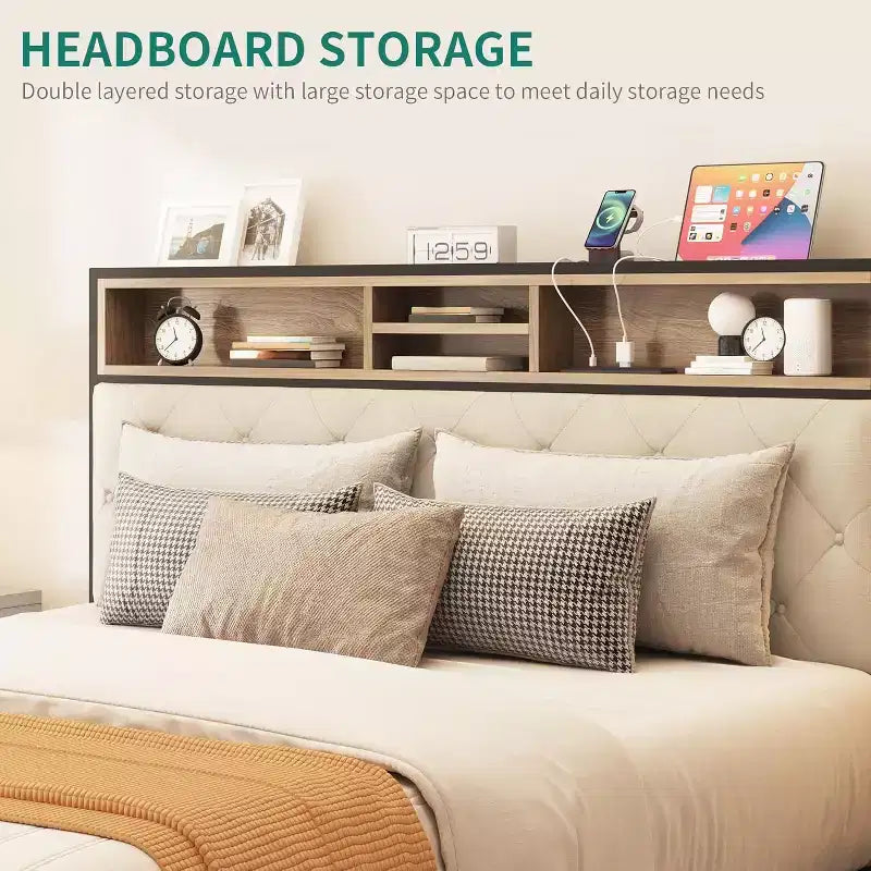 Roger Modern Platform Bed Frame with Upholstered Storage Headboard and Footboard