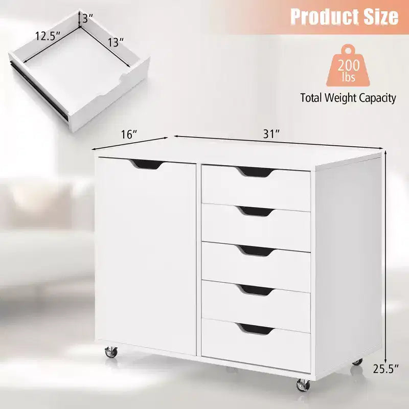5-Drawer Chest Rolling Storage Dresser Lateral File Cabinet with Adjustable Shelf