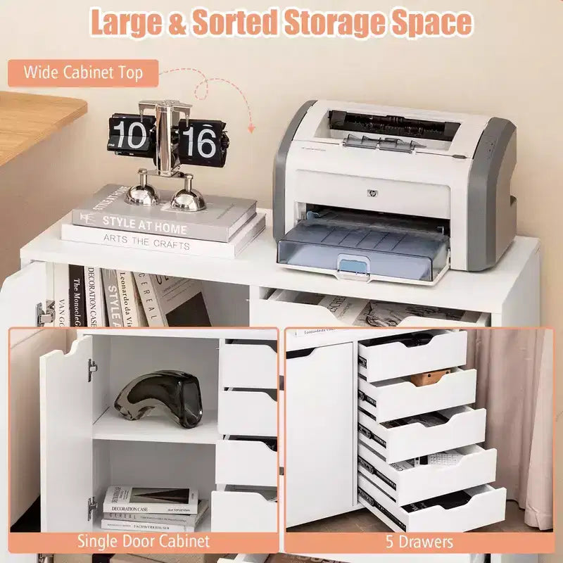 5-Drawer Chest Rolling Storage Dresser Lateral File Cabinet with Adjustable Shelf