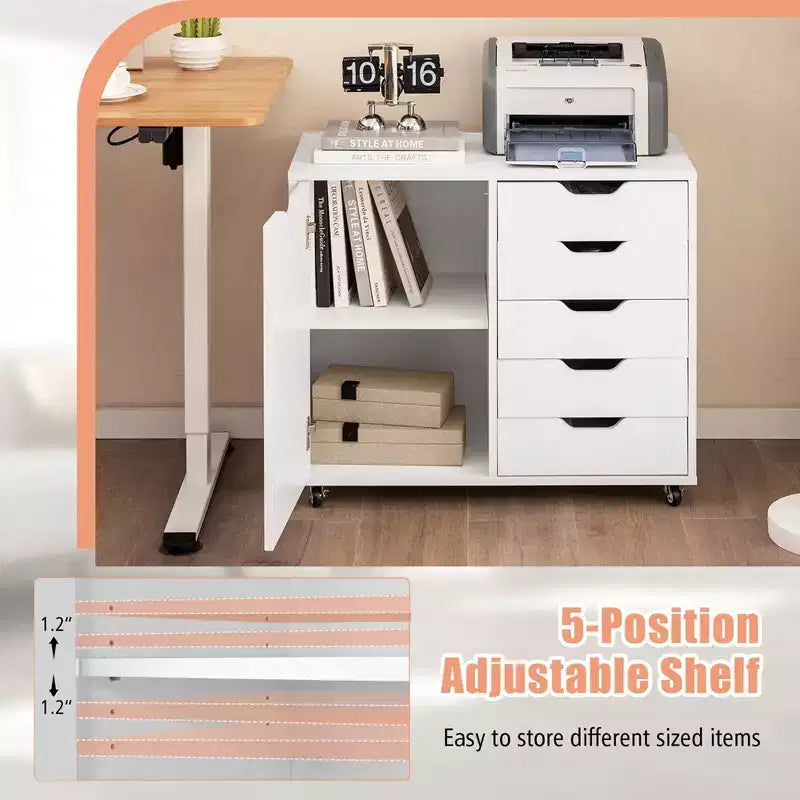 5-Drawer Chest Rolling Storage Dresser Lateral File Cabinet with Adjustable Shelf