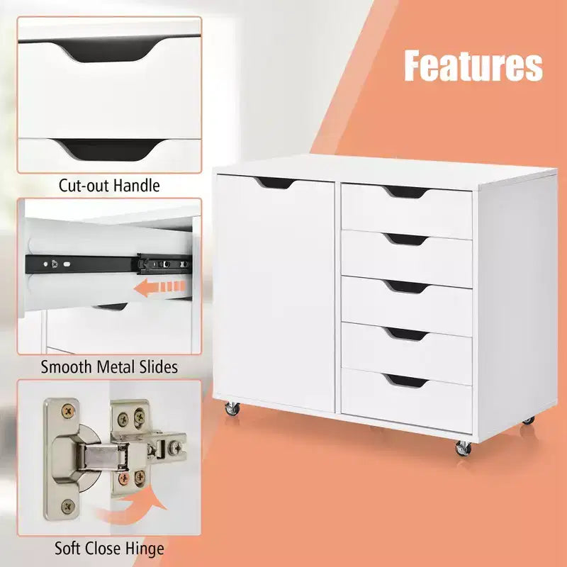 5-Drawer Chest Rolling Storage Dresser Lateral File Cabinet with Adjustable Shelf