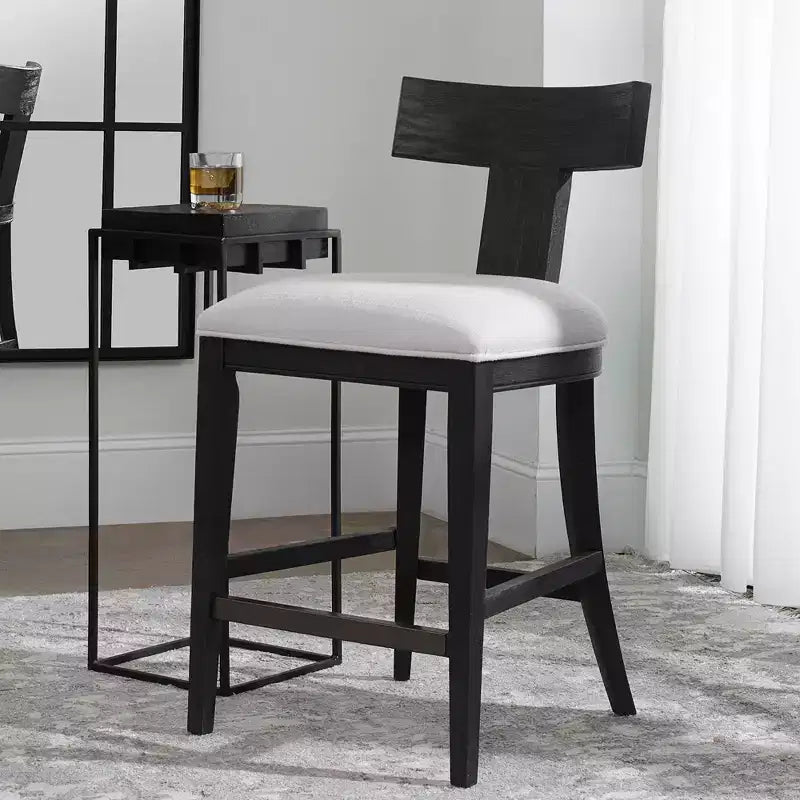 Charcoal Wood Bar Stool Black 26 1/4 High Modern White Fabric Cushion with Backrest Footrest for Kitchen Counter Height