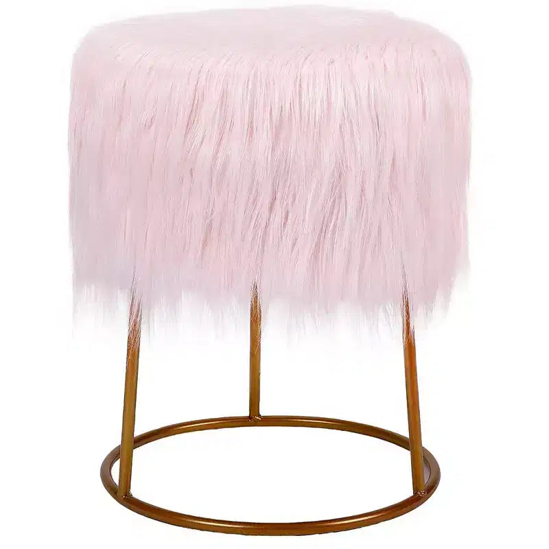Round Pink Faux Fur Foot Stool Storage Ottoman with Pale Gold Legs