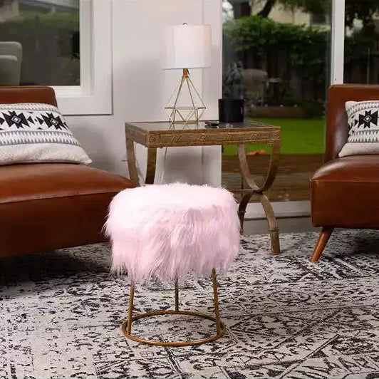 Round Pink Faux Fur Foot Stool Storage Ottoman with Pale Gold Legs