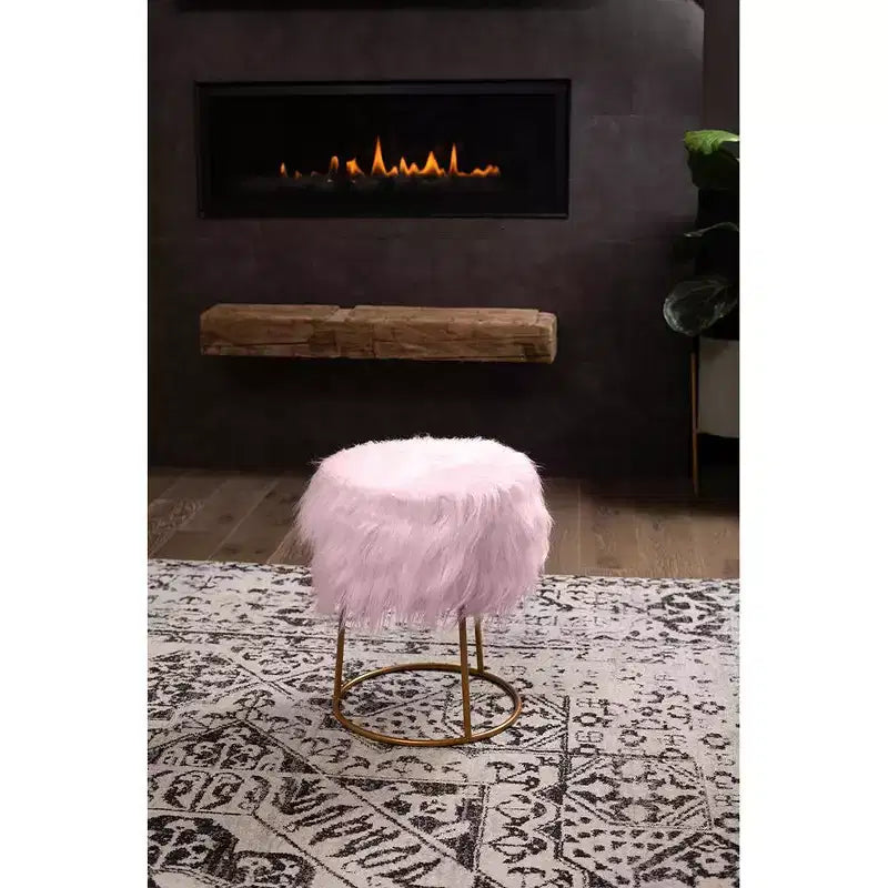 Round Pink Faux Fur Foot Stool Storage Ottoman with Pale Gold Legs
