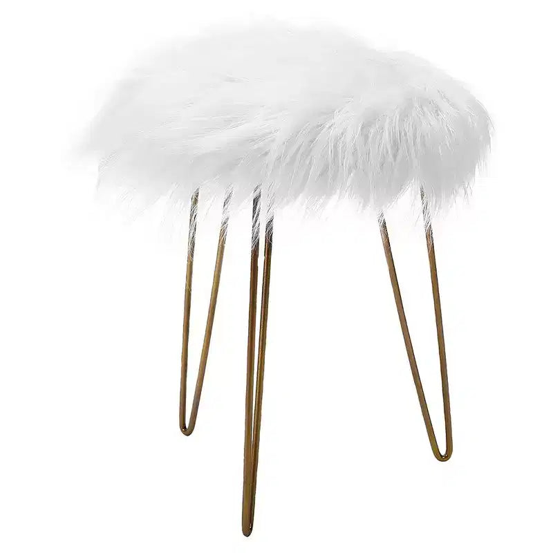 Round Faux Fur Foot Stool Ottoman - White with Pale Gold Legs