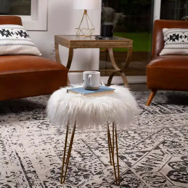 Round Faux Fur Foot Stool Ottoman - White with Pale Gold Legs