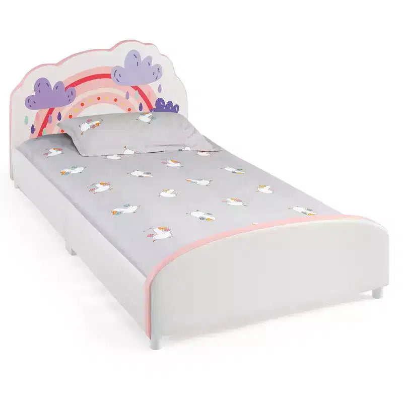 Kids Upholstered Platform Bed Children Twin Size Wooden Bed Rainbow Pattern