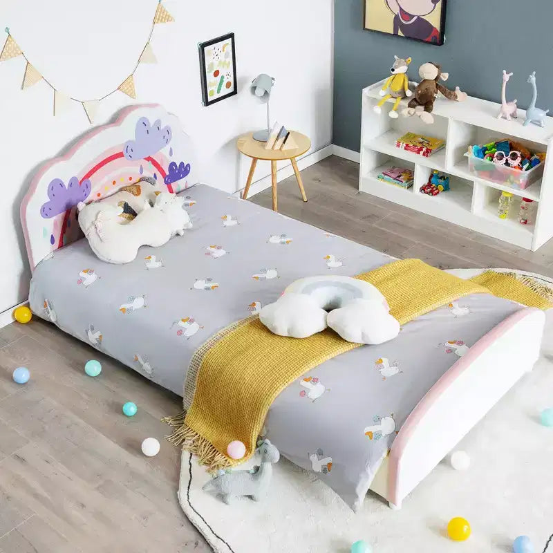 Kids Upholstered Platform Bed Children Twin Size Wooden Bed Rainbow Pattern