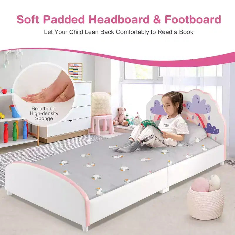 Kids Upholstered Platform Bed Children Twin Size Wooden Bed Rainbow Pattern
