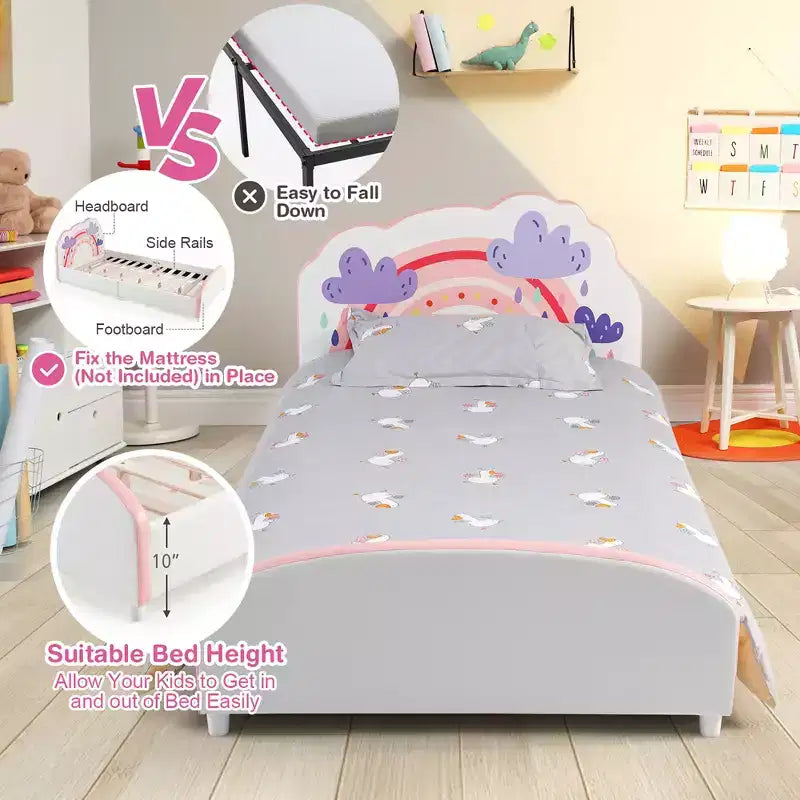Kids Upholstered Platform Bed Children Twin Size Wooden Bed Rainbow Pattern
