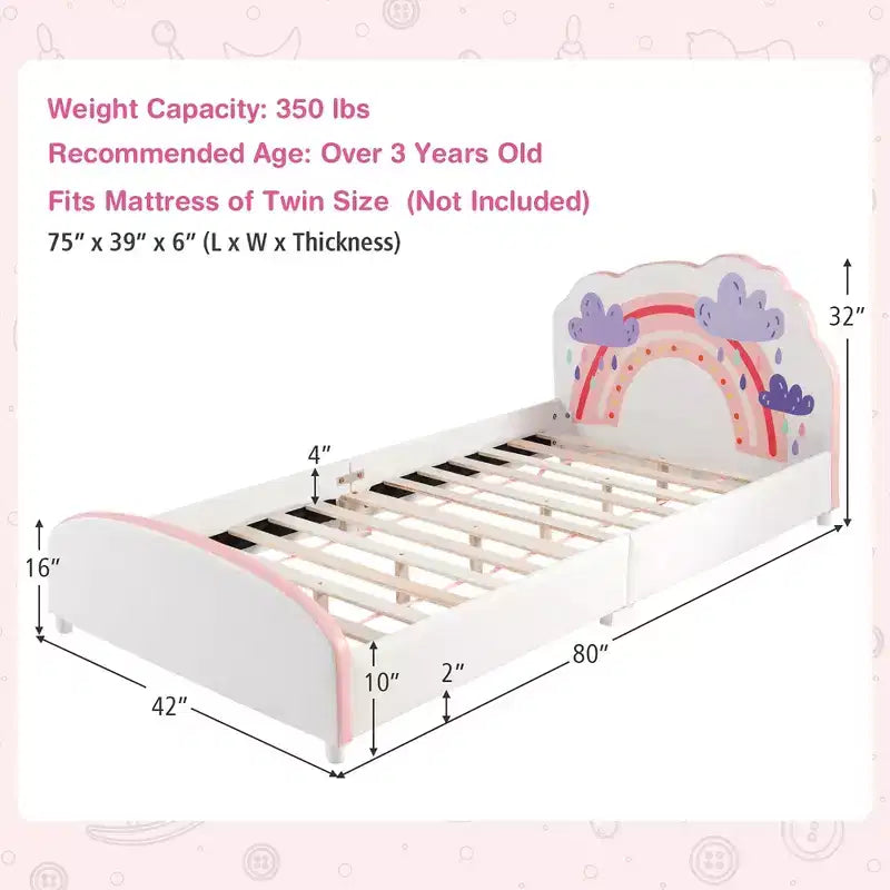 Kids Upholstered Platform Bed Children Twin Size Wooden Bed Rainbow Pattern