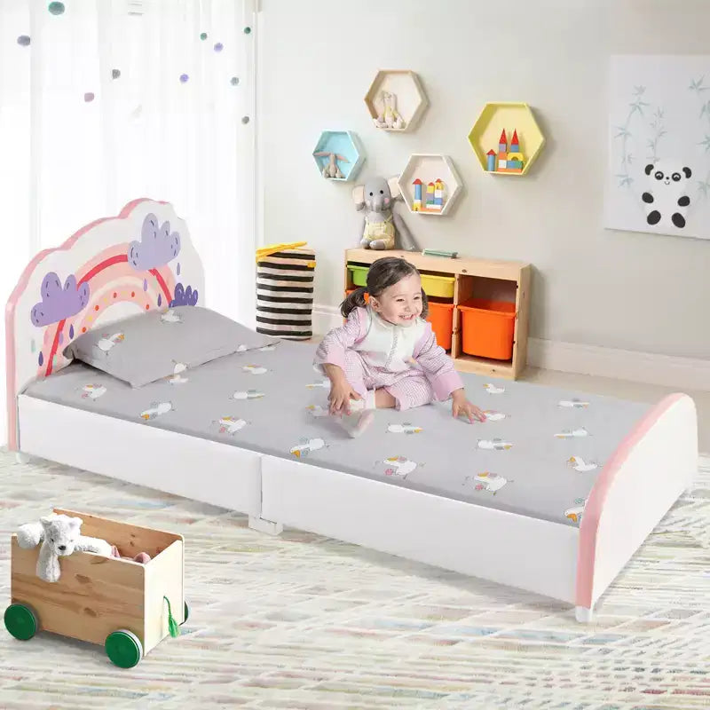 Kids Upholstered Platform Bed Children Twin Size Wooden Bed Rainbow Pattern